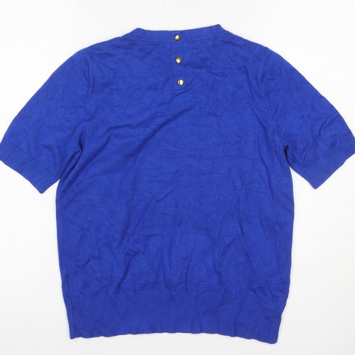 M&Co Women Blue Size 12 Knit Button Back Short Sleeve Basic Top