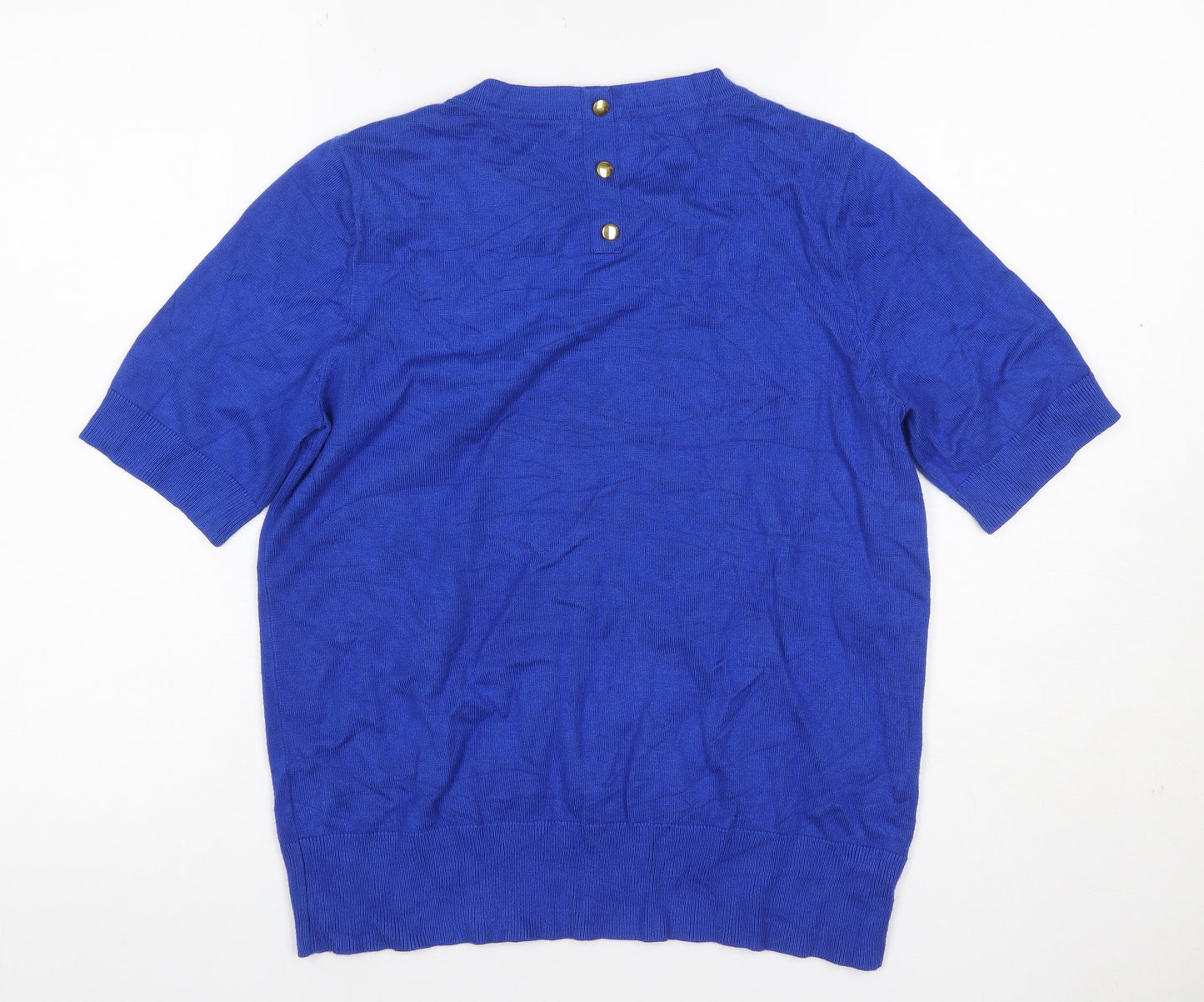 M&Co Women Blue Size 12 Knit Button Back Short Sleeve Basic Top