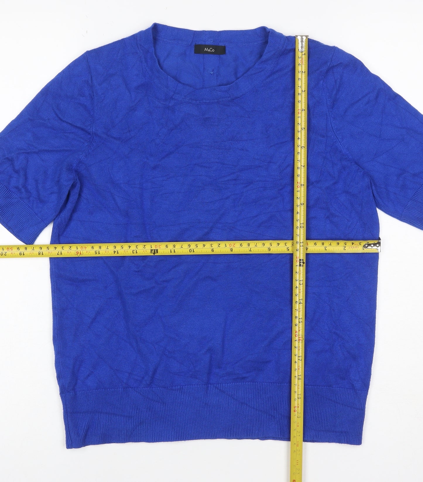 M&Co Women Blue Size 12 Knit Button Back Short Sleeve Basic Top