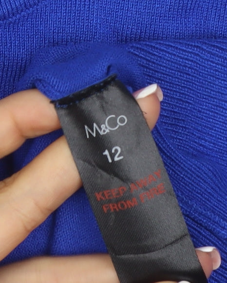 M&Co Women Blue Size 12 Knit Button Back Short Sleeve Basic Top