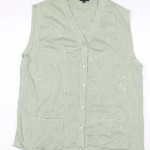Lexy Women Green XL Sleeveless V-Neck Beaded Floral Cardigan