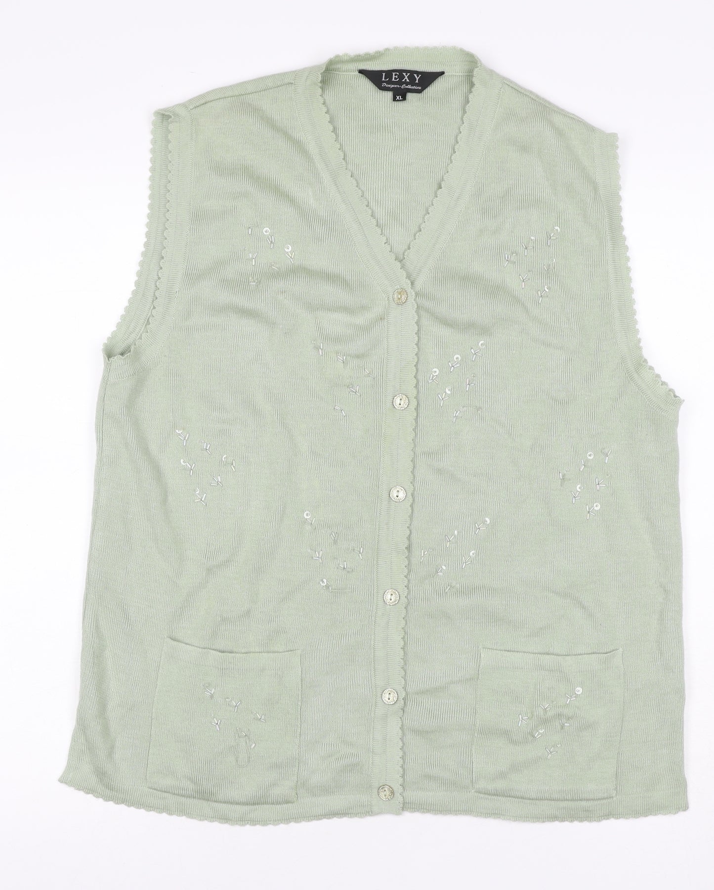 Lexy Women Green XL Sleeveless V-Neck Beaded Floral Cardigan