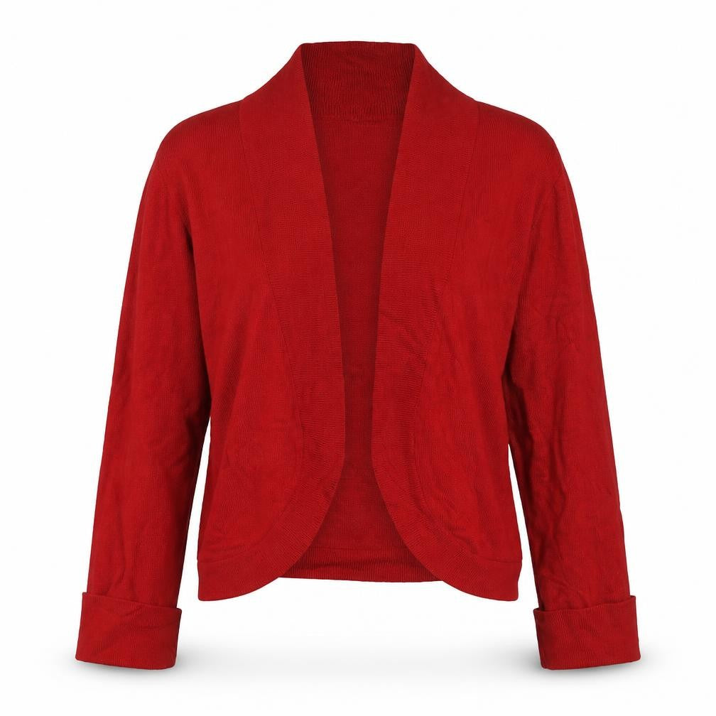 Front view of Phase Eight Women Red, size 12, Open Knit Long Sleeve Cardigan