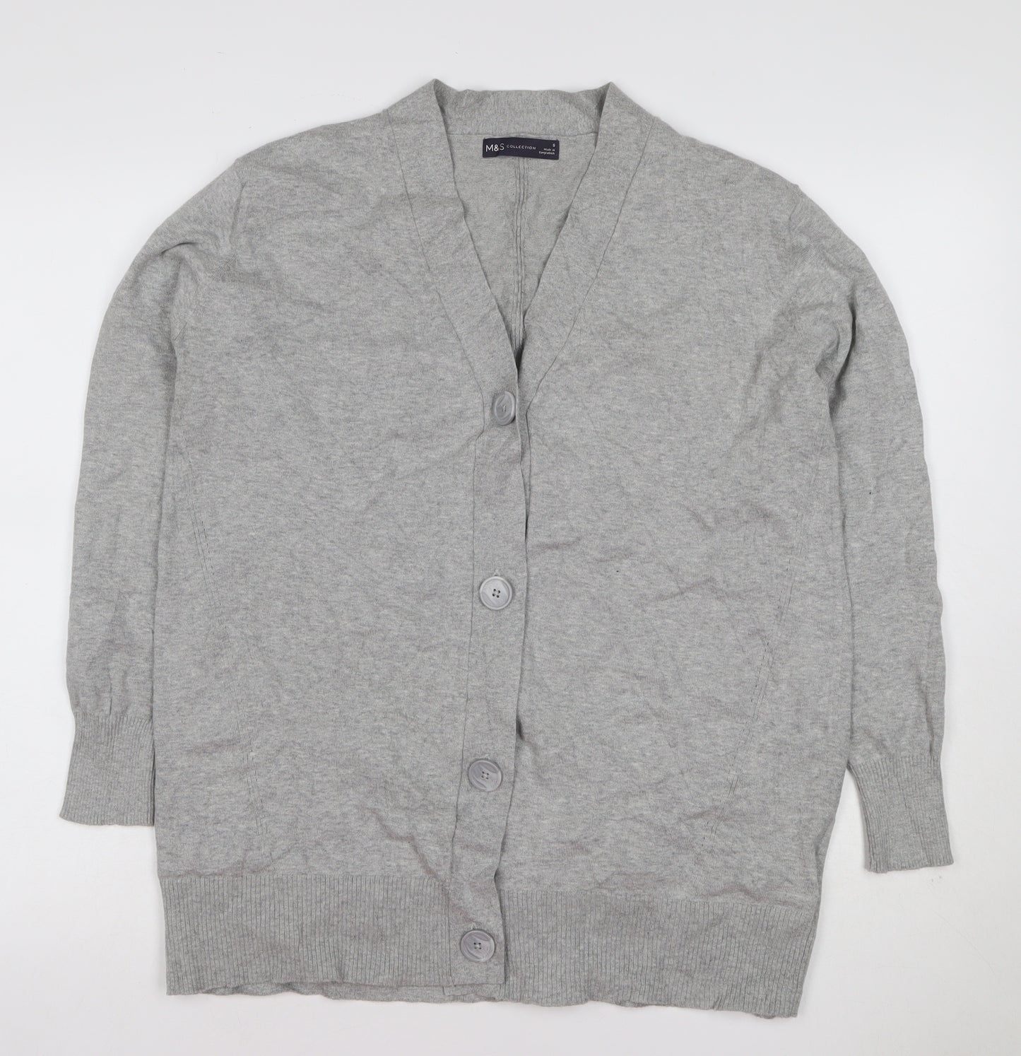 Marks and Spencer Women Grey S V-Neck Long Sleeve Button Cardigan