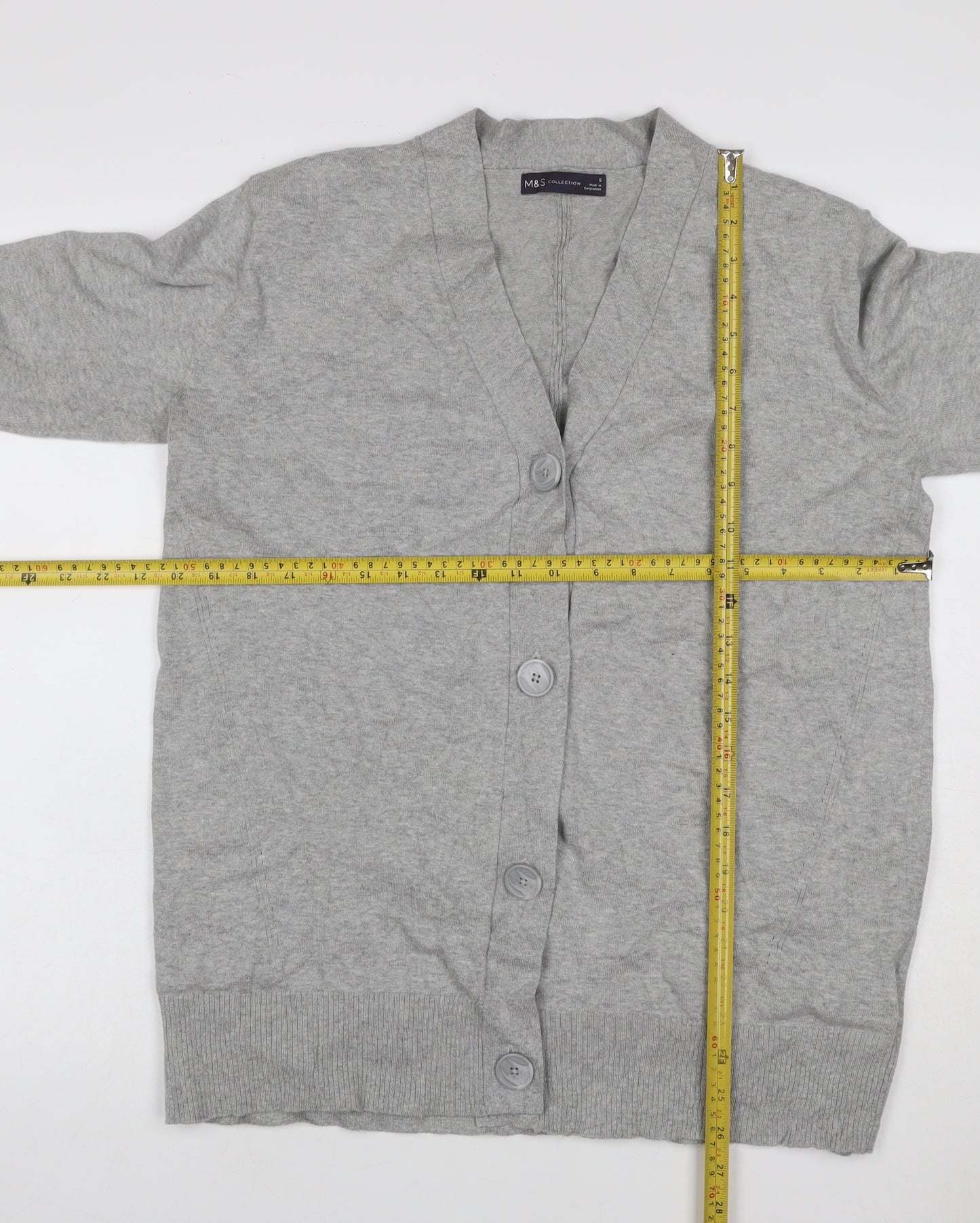 Marks and Spencer Women Grey S V-Neck Long Sleeve Button Cardigan
