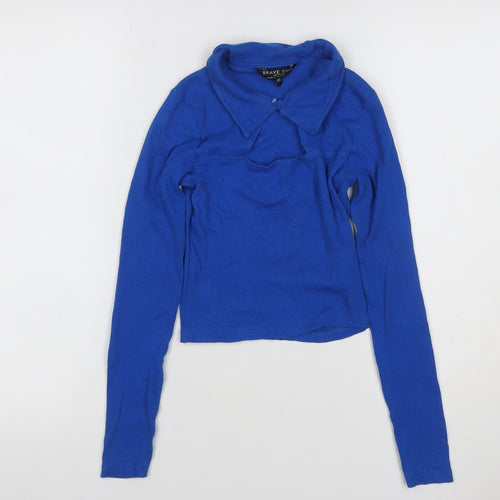 Brave Soul Women's Blue XS Cropped Collared Long Sleeve Polo Top