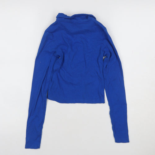 Brave Soul Women's Blue XS Cropped Collared Long Sleeve Polo Top