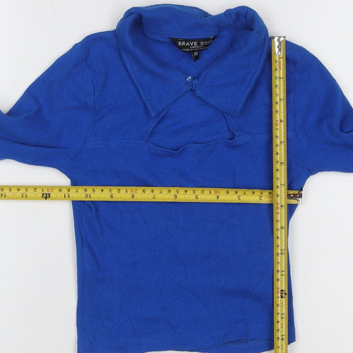Brave Soul Women's Blue XS Cropped Collared Long Sleeve Polo Top