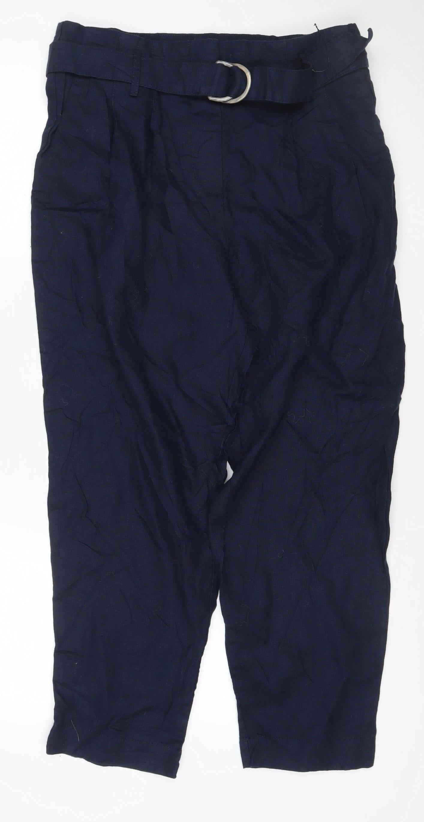 M&S Collection Women Blue Linen Cropped Straight Trousers UK 14