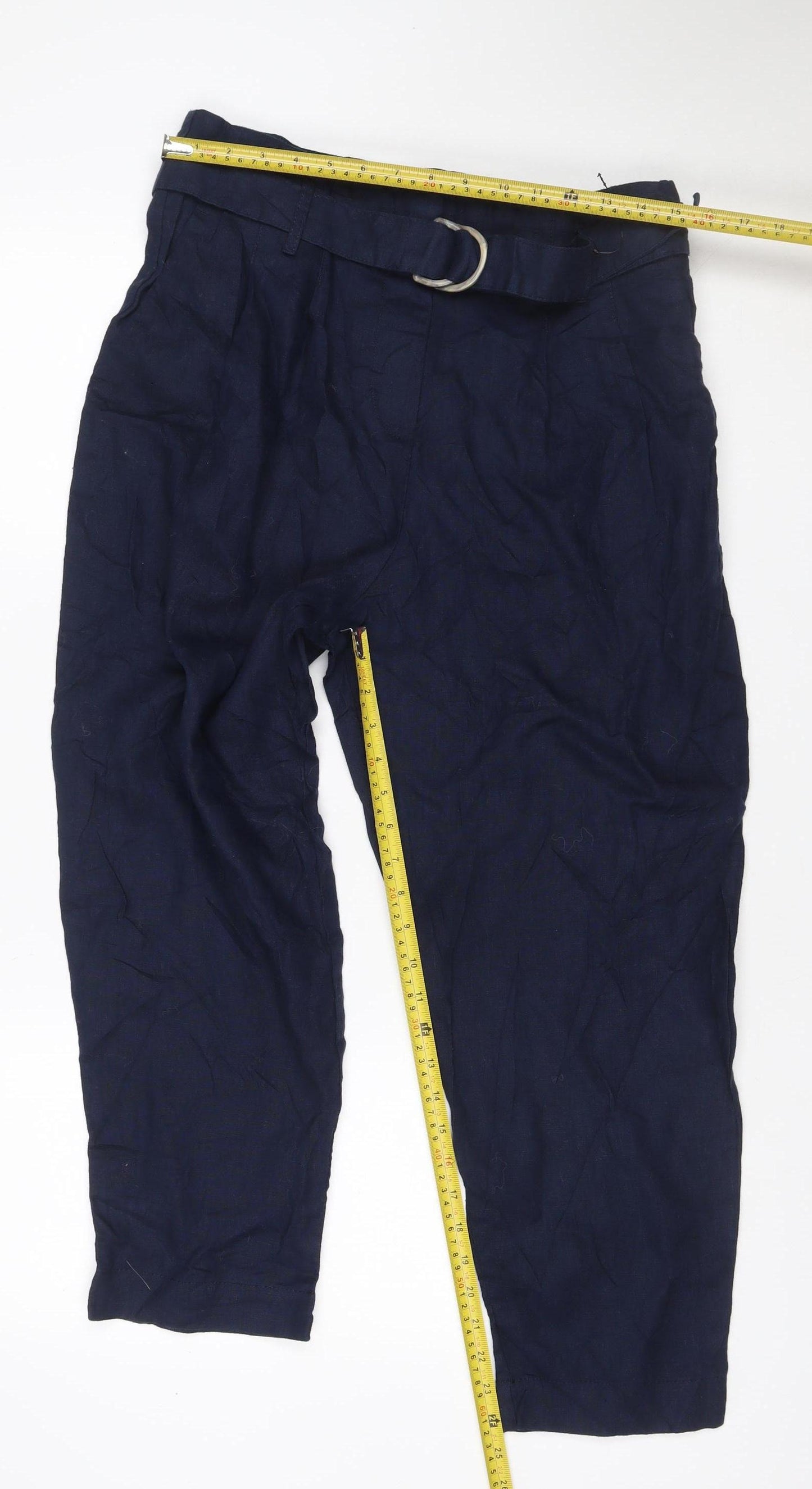 M&S Collection Women Blue Linen Cropped Straight Trousers UK 14