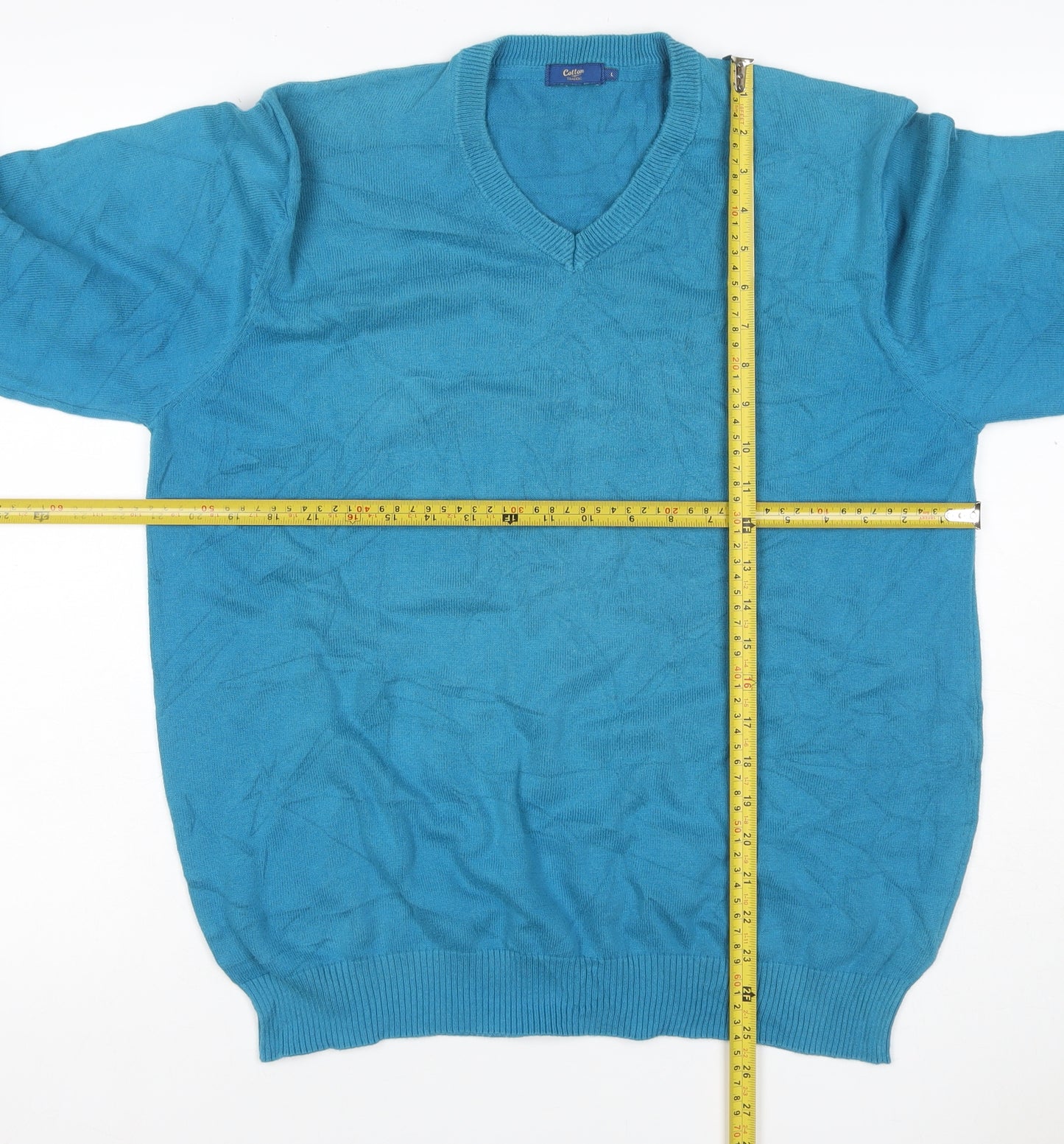 Cotton Traders Women’s Blue L V-Neck Cotton Knit Pullover Jumper