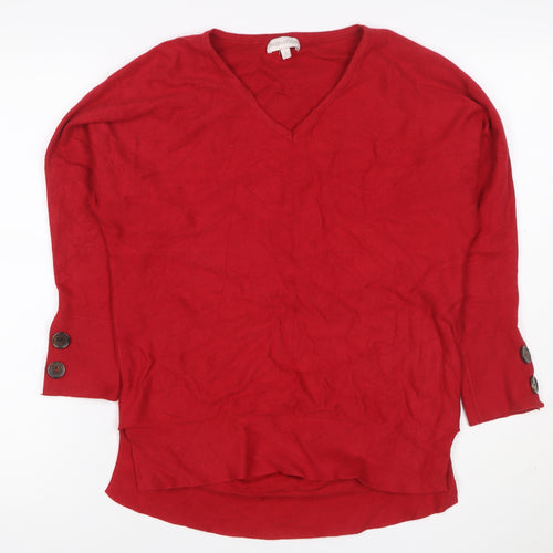 Monsoon Women Red Cashmere V-Neck Button Cuff Tunic Jumper Size S