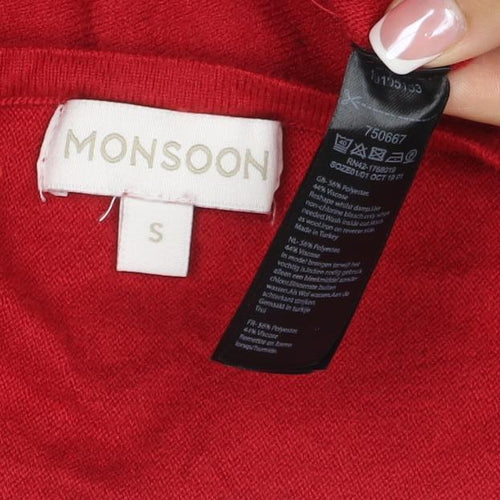 Monsoon Women Red Cashmere V-Neck Button Cuff Tunic Jumper Size S
