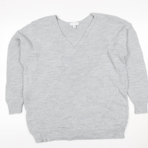 Topshop Women Grey S V-Neck Oversized Knit Pullover Jumper