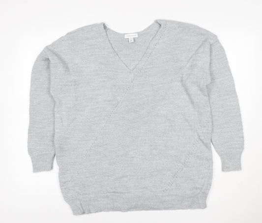 Topshop Women Grey S V-Neck Oversized Knit Pullover Jumper