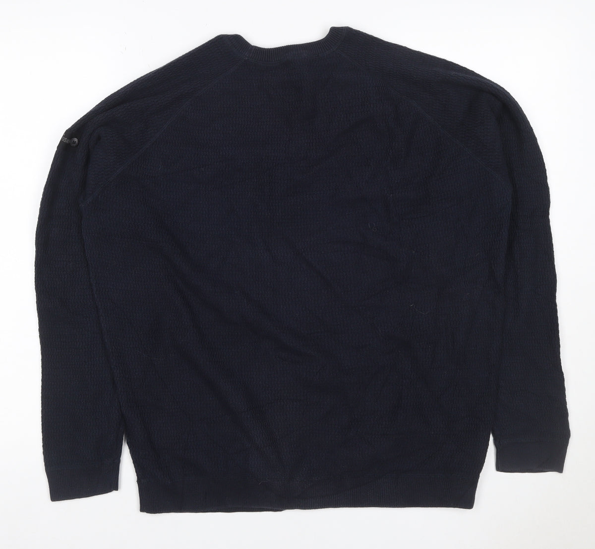 Close-up detail of Dissident Men’s Navy Blue 3XL Crew Neck Knit jumper Logo