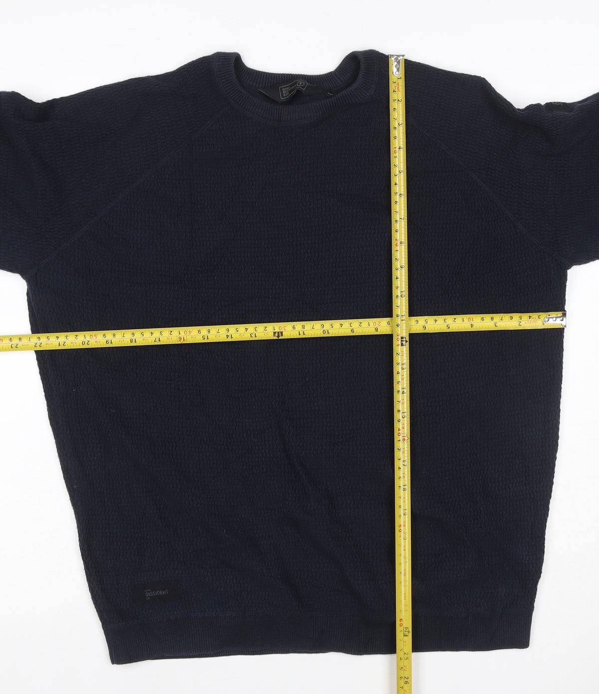 Brand and care label for Dissident Men’s Navy Blue 3XL Crew Neck Knit jumper Logo