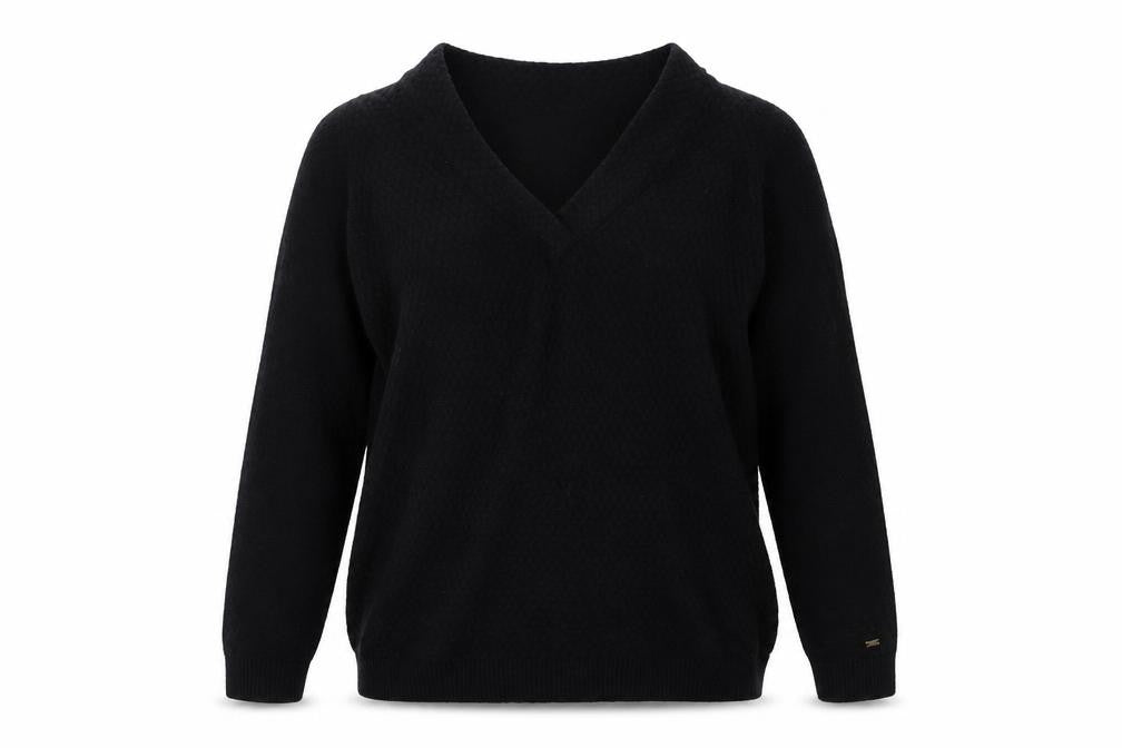 Front view of Tommy Hilfiger Women Black S Cable Knit V-Neck Wool Blend Jumper