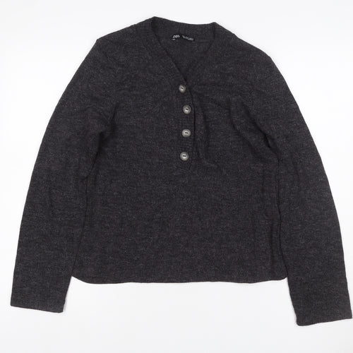Zara Women’s Grey L Henley V-Neck Button Knit Jumper