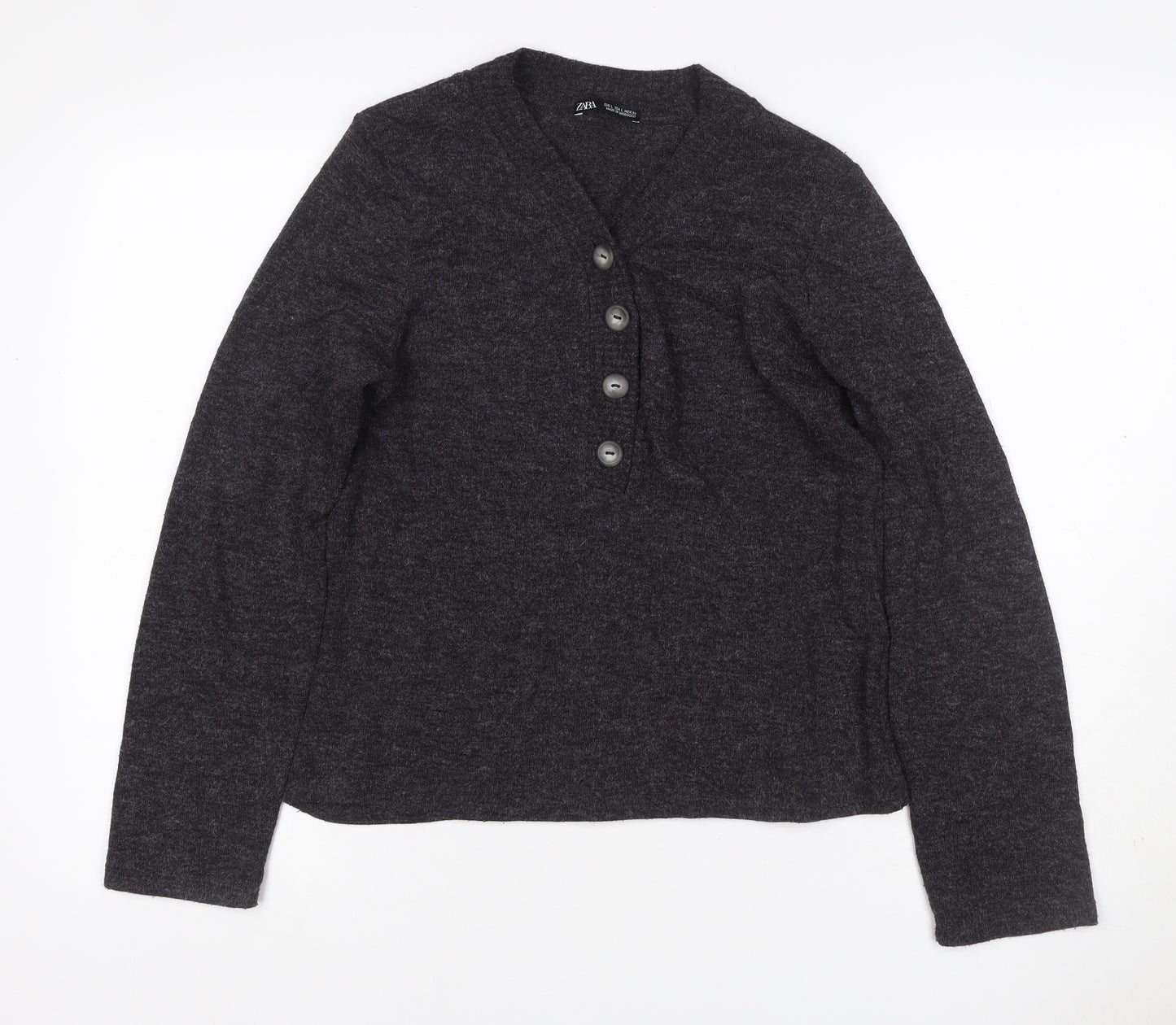 Zara Women’s Grey L Henley V-Neck Button Knit Jumper