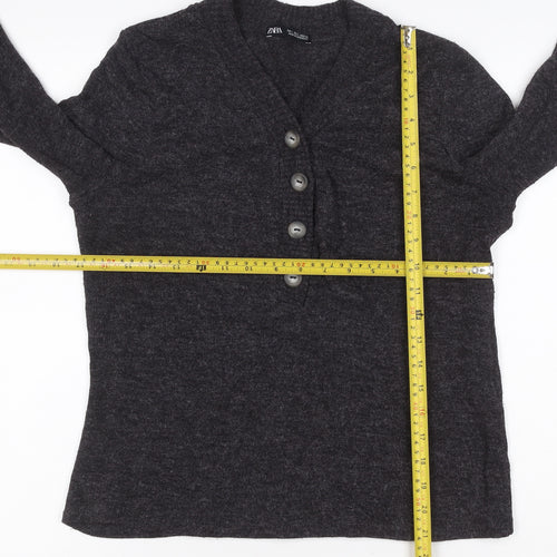 Zara Women’s Grey L Henley V-Neck Button Knit Jumper