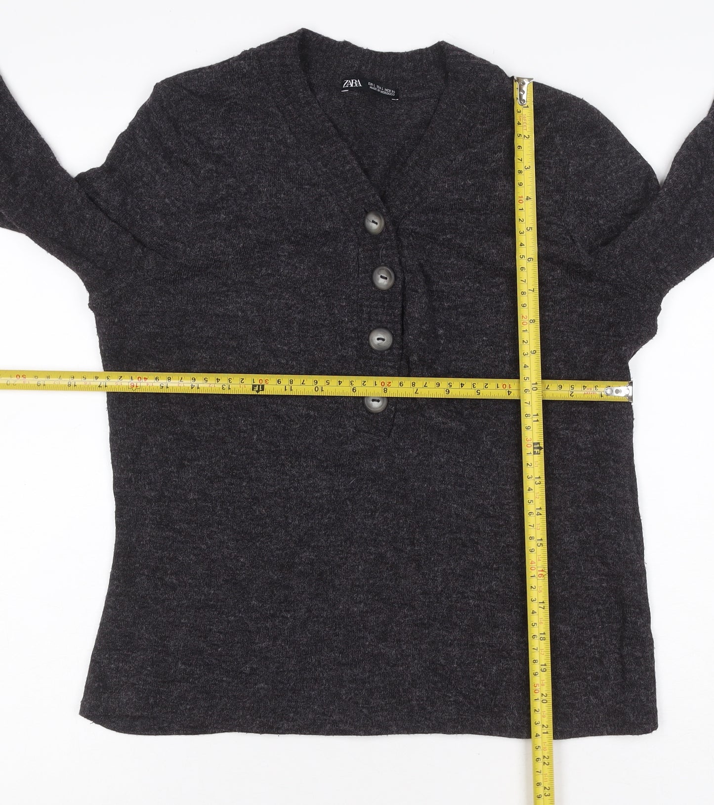 Zara Women’s Grey L Henley V-Neck Button Knit Jumper