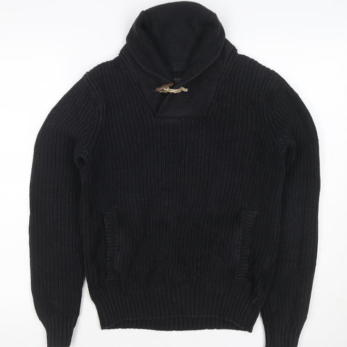 H&M L.O.G.G. Men’s Black S Chunky Knit Shawl Collar Toggle Jumper