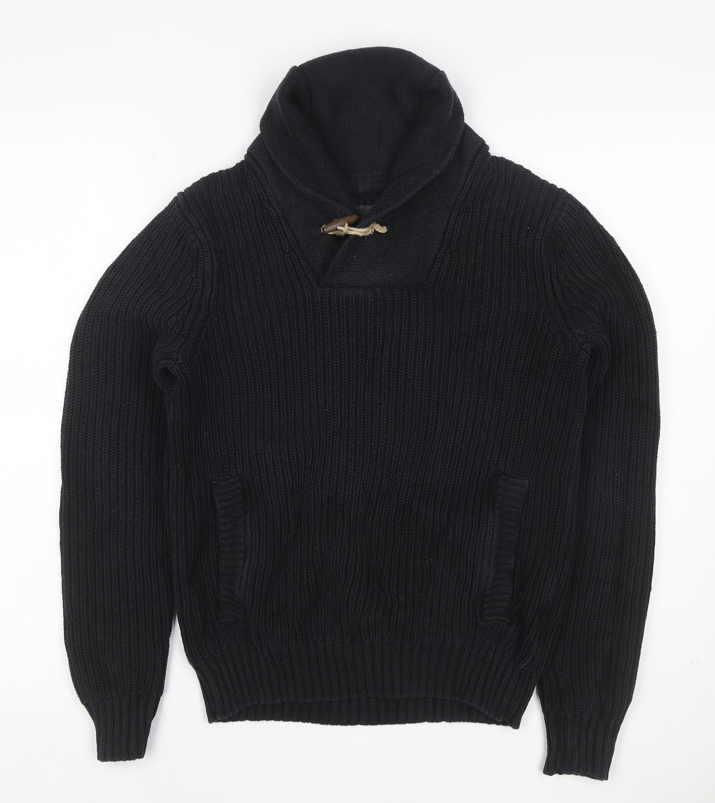 H&M L.O.G.G. Men’s Black S Chunky Knit Shawl Collar Toggle Jumper