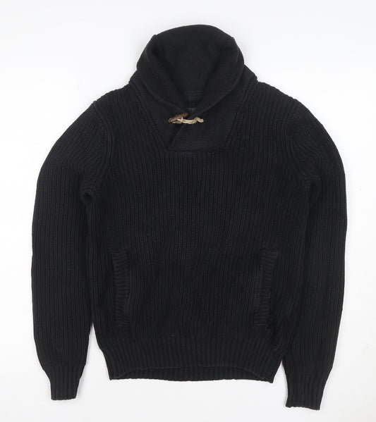 H&M L.O.G.G. Men’s Black S Chunky Knit Shawl Collar Toggle Jumper