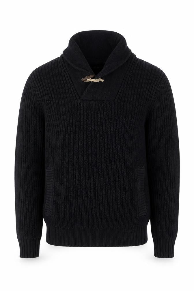 H&M L.O.G.G. Men’s Black S Chunky Knit Shawl Collar Toggle Jumper
