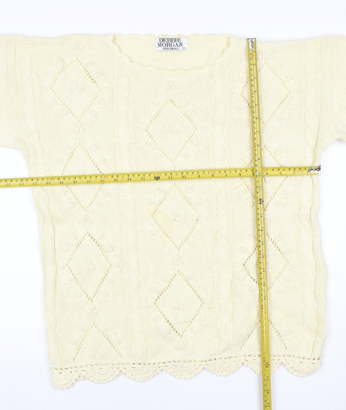 Brand and care label for Debbie Morgan Women Ivory One Size Cable Knit Argyle jumper