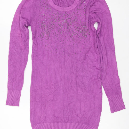 Kooples Women Purple S Knee Length Jumper Dress Rhinestone Long Sleeve