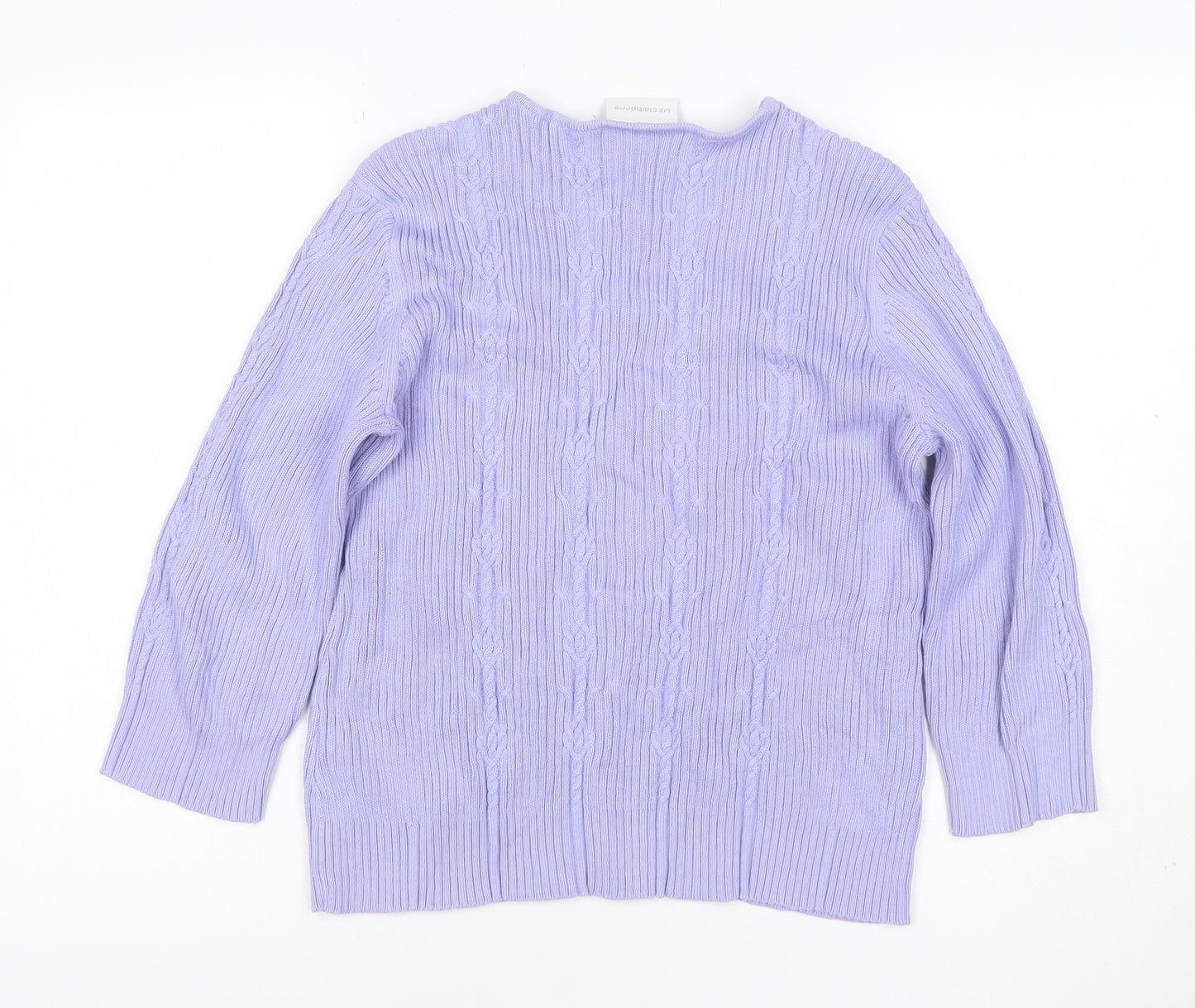 Liz Claiborne Women Purple L Cable Knit Cotton Button Cardigan