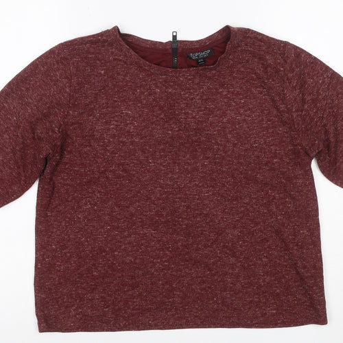 Topshop Women Red Marl Jersey Zip Back Short Sleeve T-Shirt UK 12
