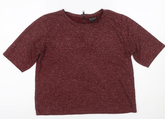 Topshop Women Red Marl Jersey Zip Back Short Sleeve T-Shirt UK 12