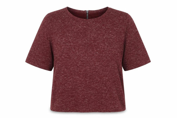 Topshop Women Red Marl Jersey Zip Back Short Sleeve T-Shirt UK 12