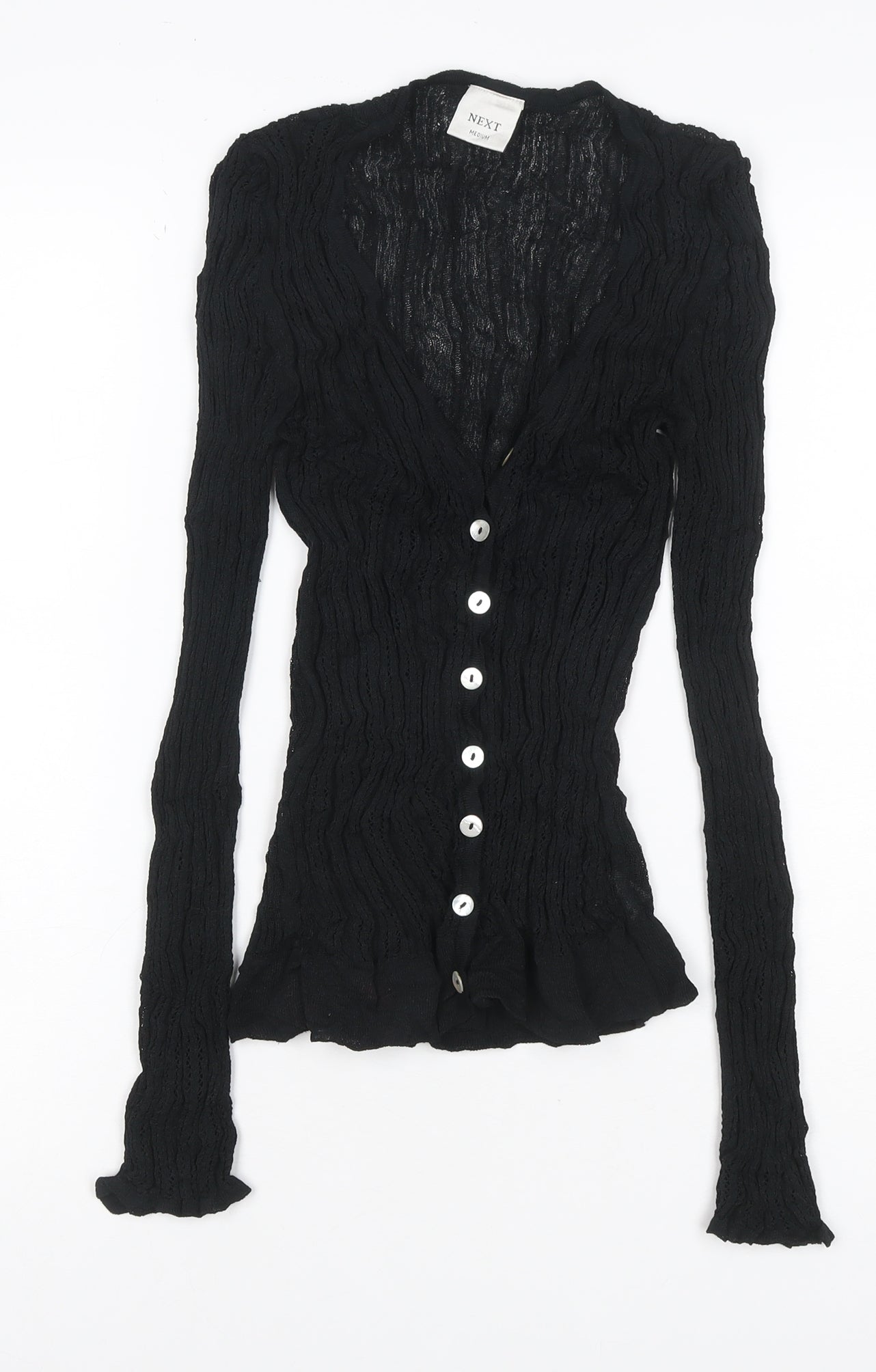Next Women Black M Sheer Knit V-Neck Button Cardigan Long Sleeve