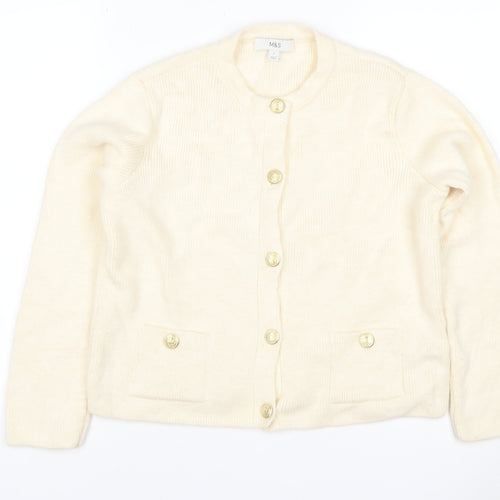Marks and Spencer Women Ivory S Rib Knit Button Pocket Cardigan
