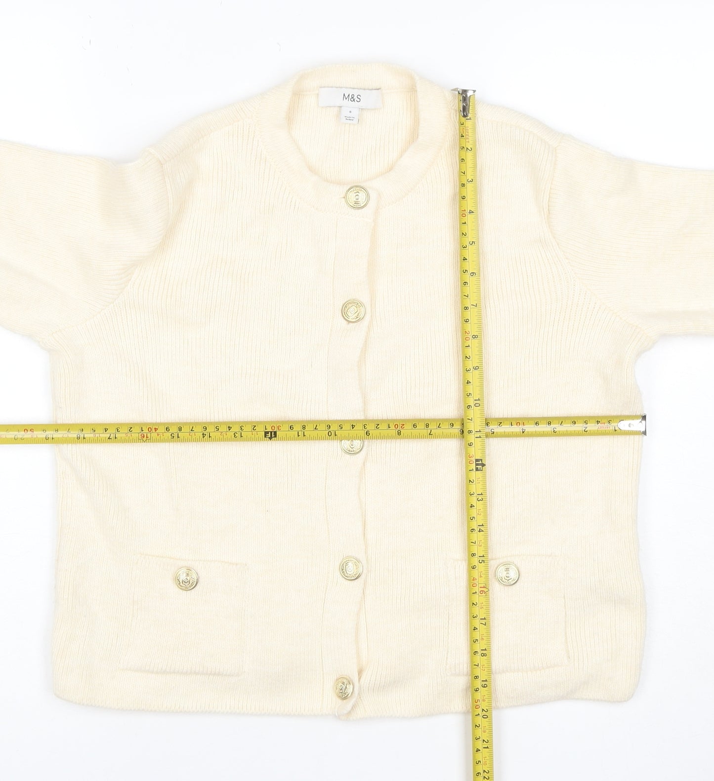 Marks and Spencer Women Ivory S Rib Knit Button Pocket Cardigan