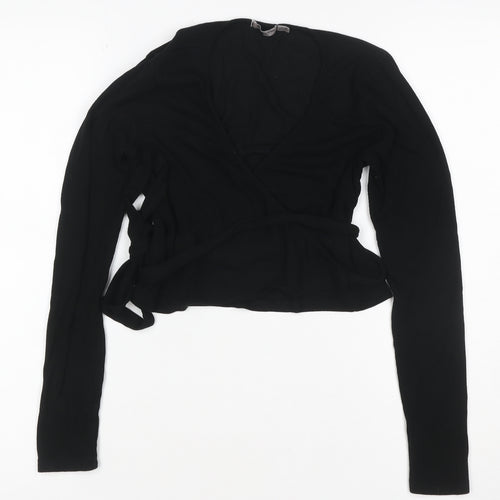 Stradivarius Women Black M V-Neck Belted Knit Wrap Cardigan