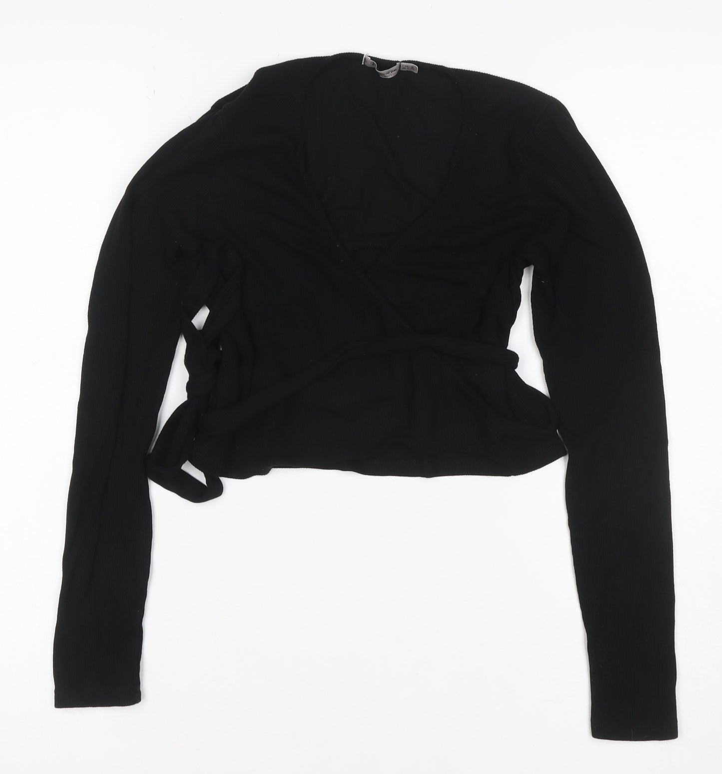 Stradivarius Women Black M V-Neck Belted Knit Wrap Cardigan