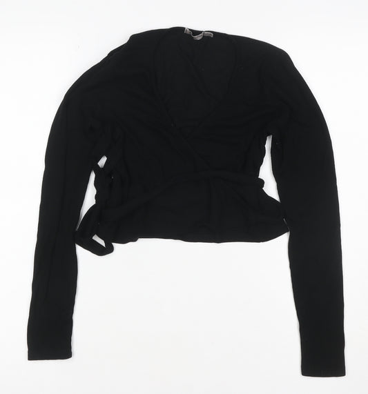Stradivarius Women Black M V-Neck Belted Knit Wrap Cardigan