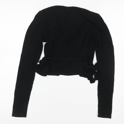 Stradivarius Women Black M V-Neck Belted Knit Wrap Cardigan