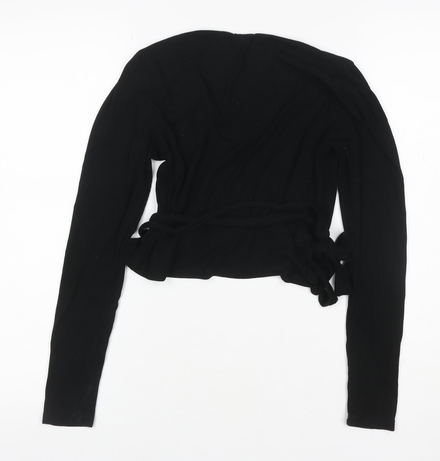 Stradivarius Women Black M V-Neck Belted Knit Wrap Cardigan