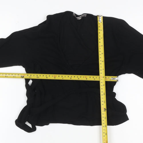 Stradivarius Women Black M V-Neck Belted Knit Wrap Cardigan