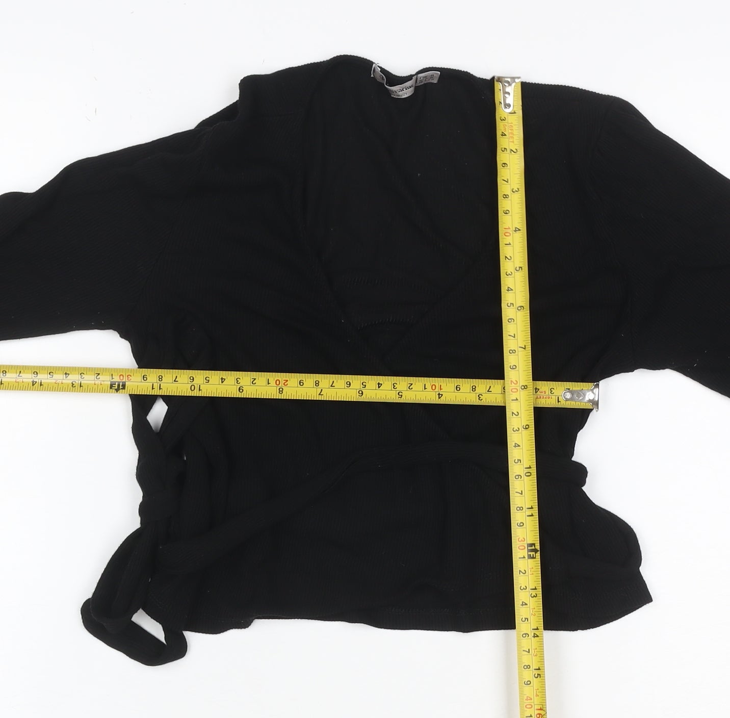 Stradivarius Women Black M V-Neck Belted Knit Wrap Cardigan