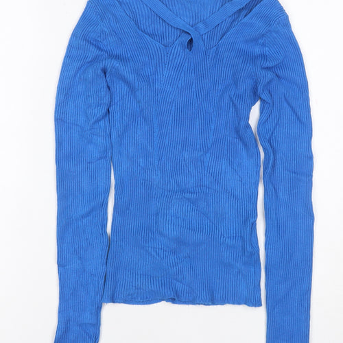 Brave Soul Women Blue Size S Rib Knit V-Neck Tie Detail Jumper