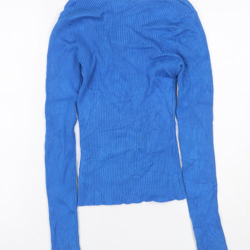 Brave Soul Women Blue Size S Rib Knit V-Neck Tie Detail Jumper