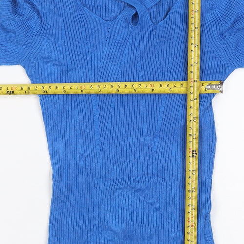 Brave Soul Women Blue Size S Rib Knit V-Neck Tie Detail Jumper