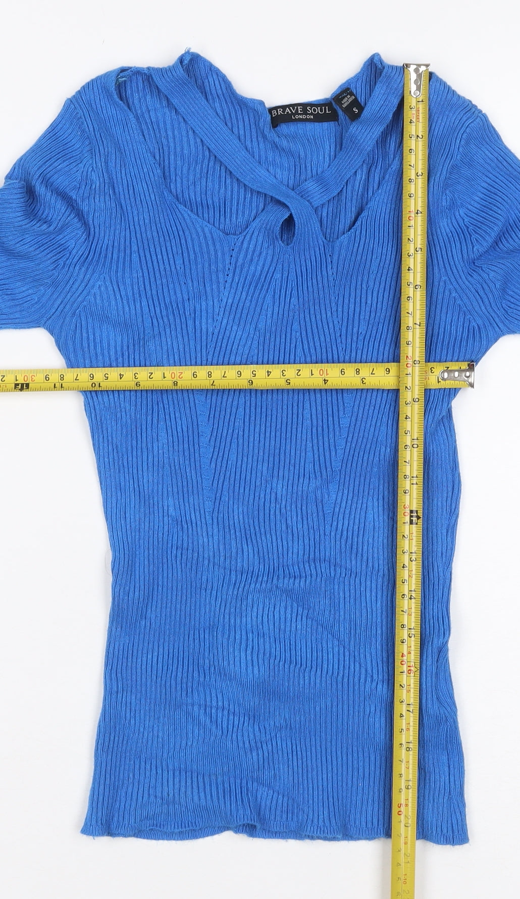 Brave Soul Women Blue Size S Rib Knit V-Neck Tie Detail Jumper